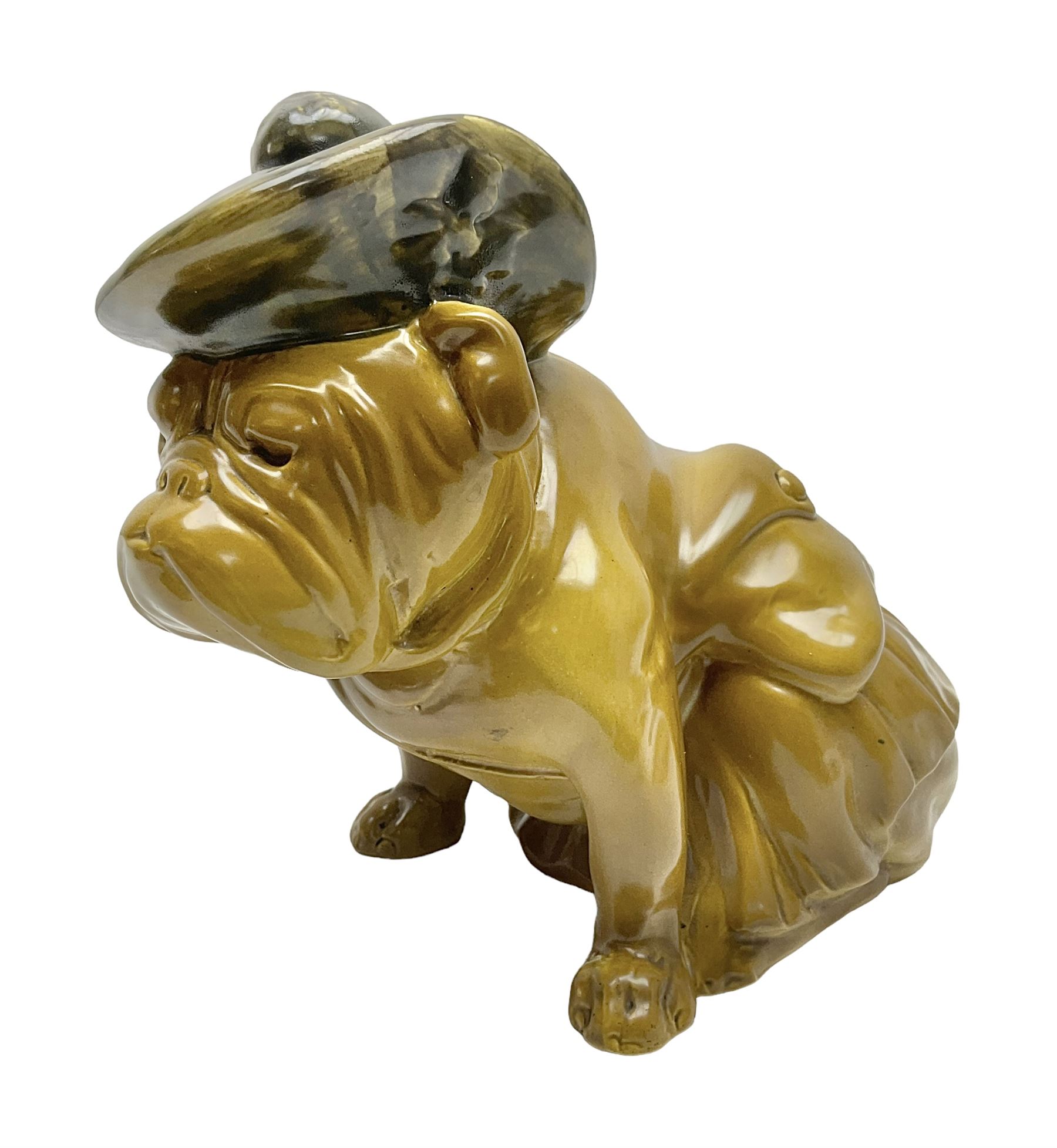 Royal Doulton figure Royal Doulton bulldog figure, modelled in a Tam O'Shanter hat, khaki glazed, with printed mark beneath, H19cm 