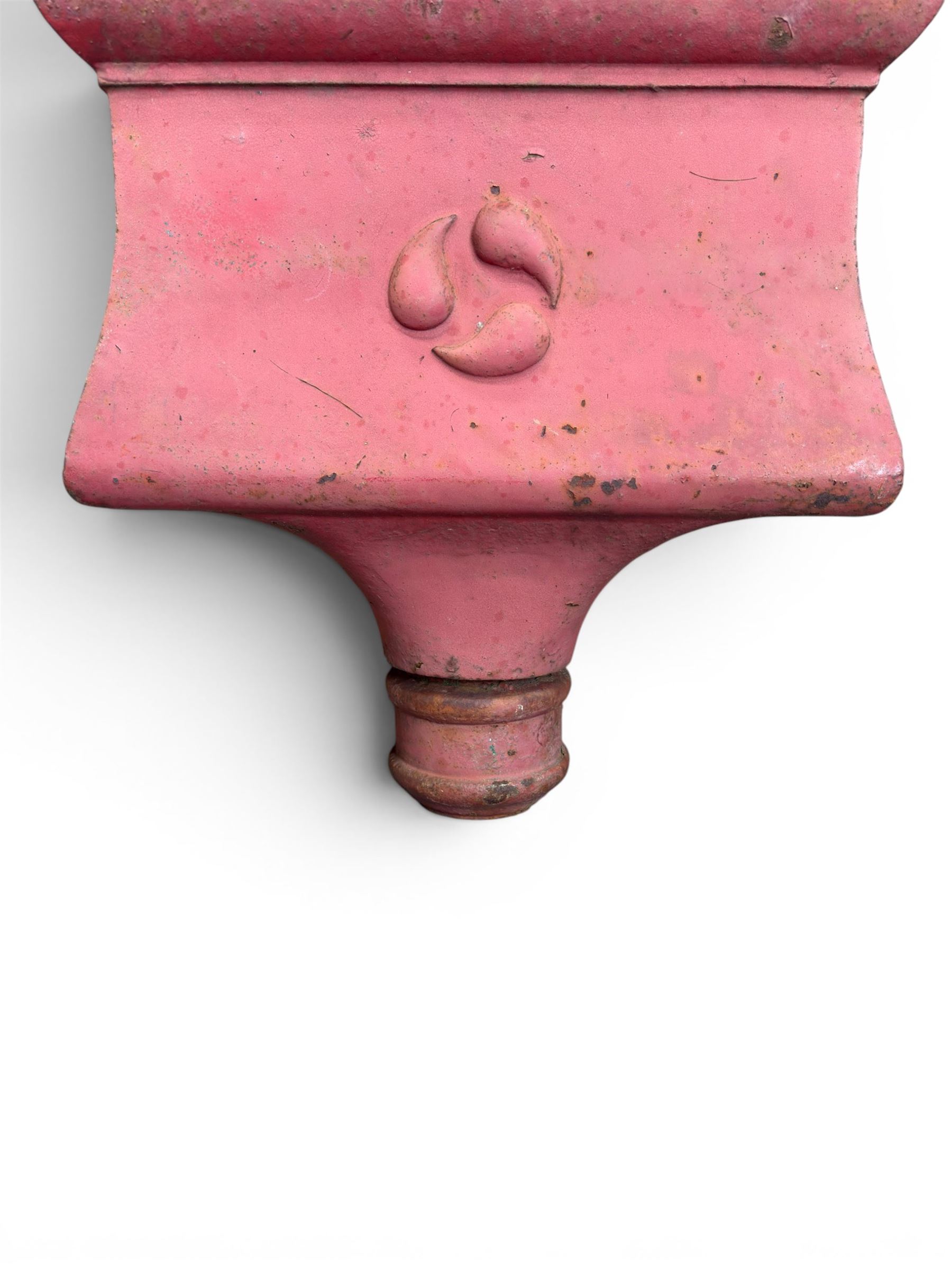 Edwardian heavy cast iron rainwater hopper, with water motif, painted in pale red finish