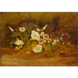  Still Life of Flowers and Berries, 19th century oil on canvas unsigned 25cm x 35.5cm unframed  