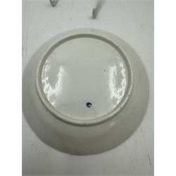 18th century Caughley blue and white sparrow jug, decorated in the Mother and Child pattern, circa 1780-1790, with underglaze C mark beneath, H9cm, together with a Worcester coffee cup, circa 1785 painted with floral sprays in underglaze blue and gilt, with crescent mark beneath, and a Caughley trio of tea cup, tea bowl and saucer, each of moulded wrythen fluted form and decorated with gilt and blue sprigs and bands, each with crescent mark beneath, (5)