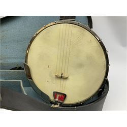 Five-string banjo by Clifford Essex Co. 15A Grafton Street, Bond Street, London W, with mother-of-pearl inlaid ebony fingerboard L92cm; in carrying case with strap