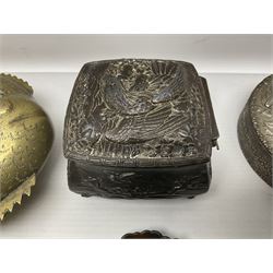 Brass sunfish ashtray, Chinese silver plated trinket box with mirror, bronzed matchbox cover and a collection of other Oriental bronzed embossed metal trays