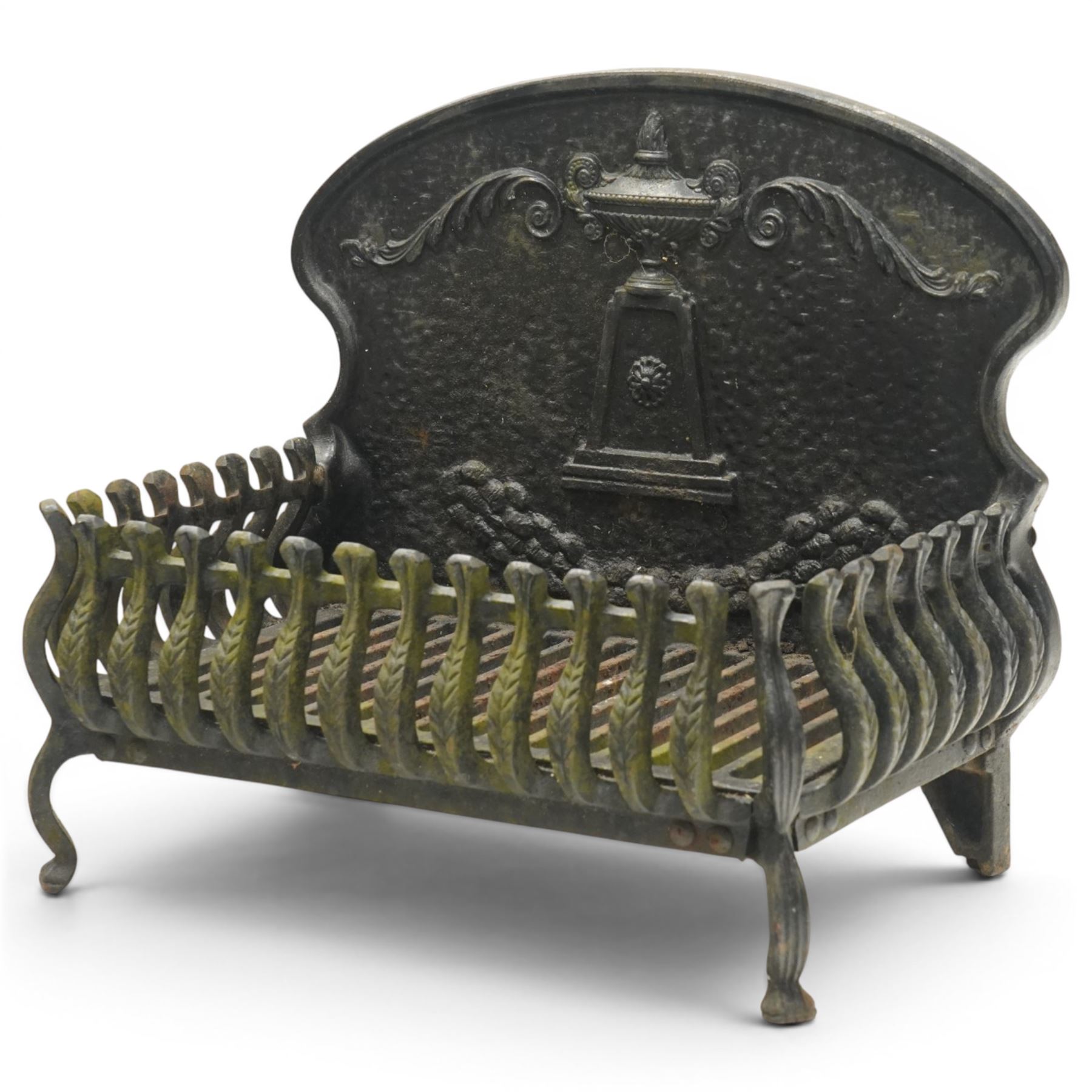 Adam style cast iron fire grate, shaped arched back plate cast with classical urn and scrolling acanthus, railed basket with pierced grate bars, on four cabriole supports
