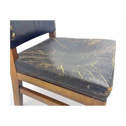 Pair of mid-20th century hardwood chairs associated with the Company of Cutlers in Hallamshire, Sheffield, each featuring a squared frame and black vinyl upholstery, the back emblazoned with the guild’s gilt coat of arms and motto “Pour Y Parvenir a Bonne Foi” (To Succeed through Honest Endeavour)