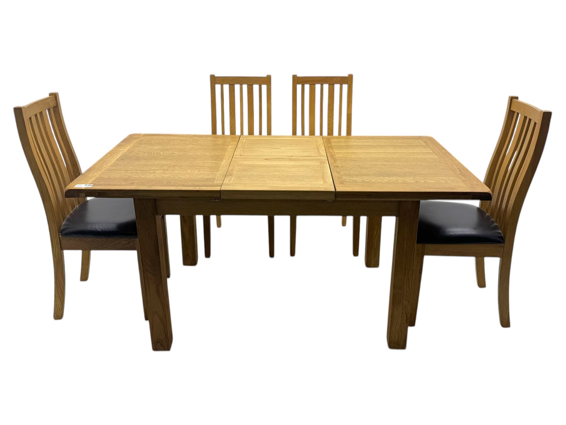 Light oak extending dining table, with four chairs, breadboard ends with integrated fold out leaf with latches, on square supports, tall slatted backrest with brown leather drop in seat  

(Extended 165cm)