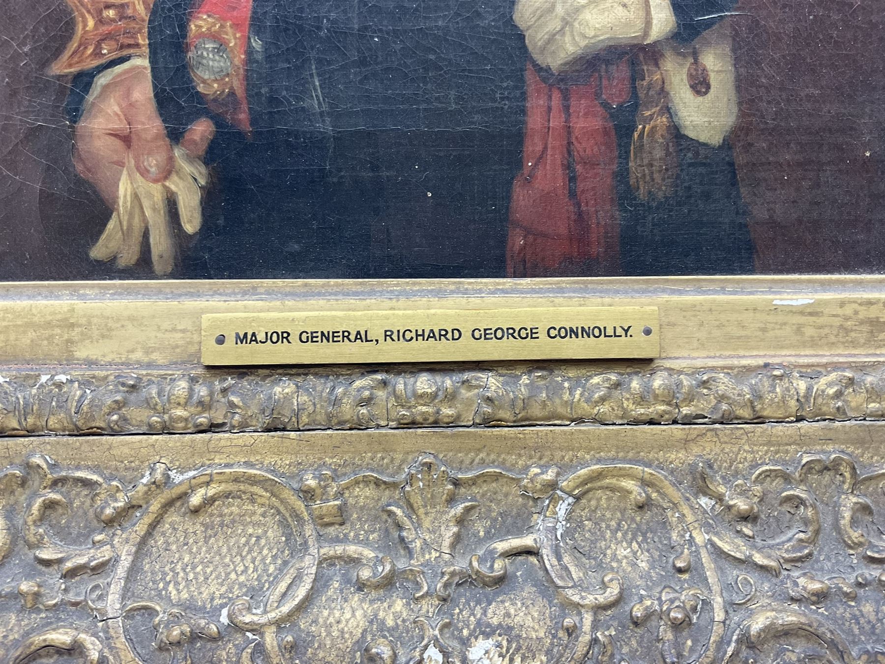 English School (Mid 19th century): Portrait of Major General Richard George Connelly, three-quarter in length in uniform, oil on canvas unsigned, titled on plaque, formerly inscribed 'painted at Chatham February 1844' verso 43cm x 35cm 
Provenance: from the collection at Athelhampton House, Dorset