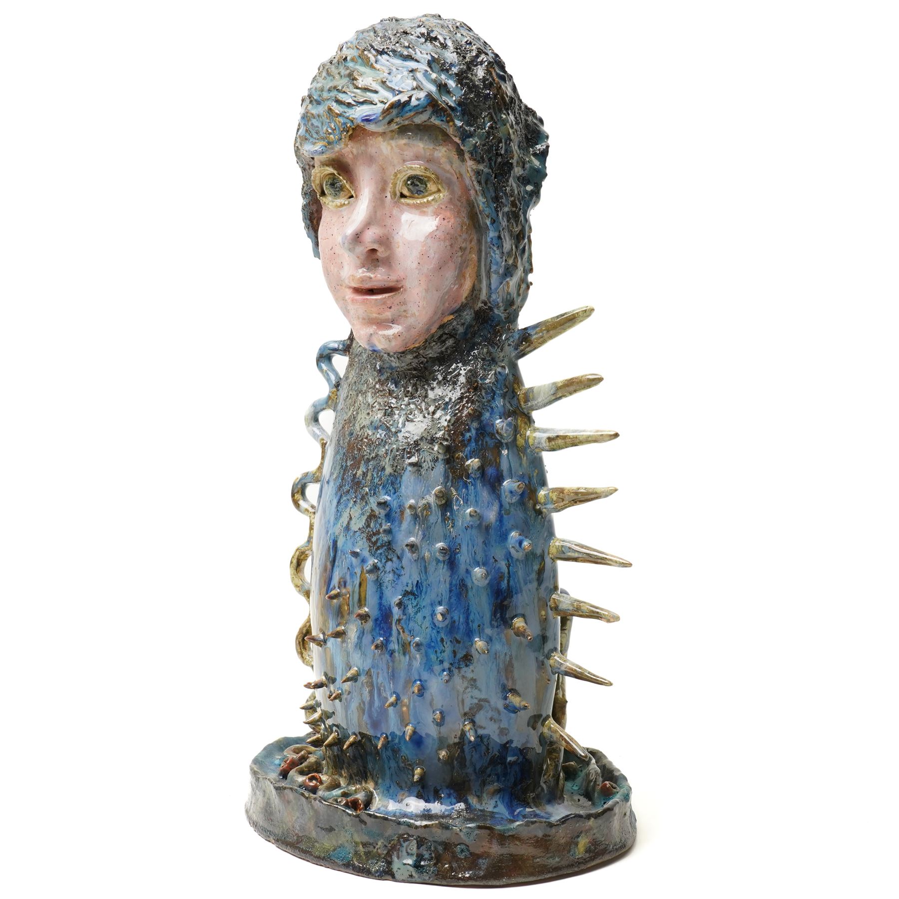 Galea Belinscaia (Yorkshire Contemporary): 'The Mermaid', two faced blue and green glazed figurative sculpture, H42cm 
Notes: Awarded second prize in the 2019 Bradford Open exhibition and Art Competition judged by John Loker and Caroline Douglas. The sculpture was complimented for its tremendous presence, with the judges noting that Belinscaia's work is 'witty, inventive and wonderfully dynamic.'