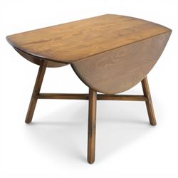 Ercol - elm oval drop leaf table, the oval moulded top with twin hinged leaves, supported on tapering legs with double stretchers (Extends to 124cm)