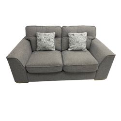 Two seat sofa, upholstered in grey fabric with scatter cushions