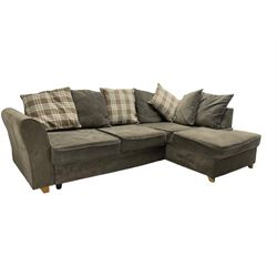 Corner sofa upholstered in grey fabric, with contrasting grey and checkered scatter cushions