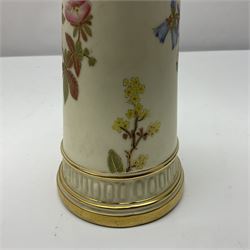 Royal Worcester tusk jug, blush ivory ground, with floral design, stamped 1116 to the base,, together with pair figures of a young boy and girl in the style on Kate Greenaway 