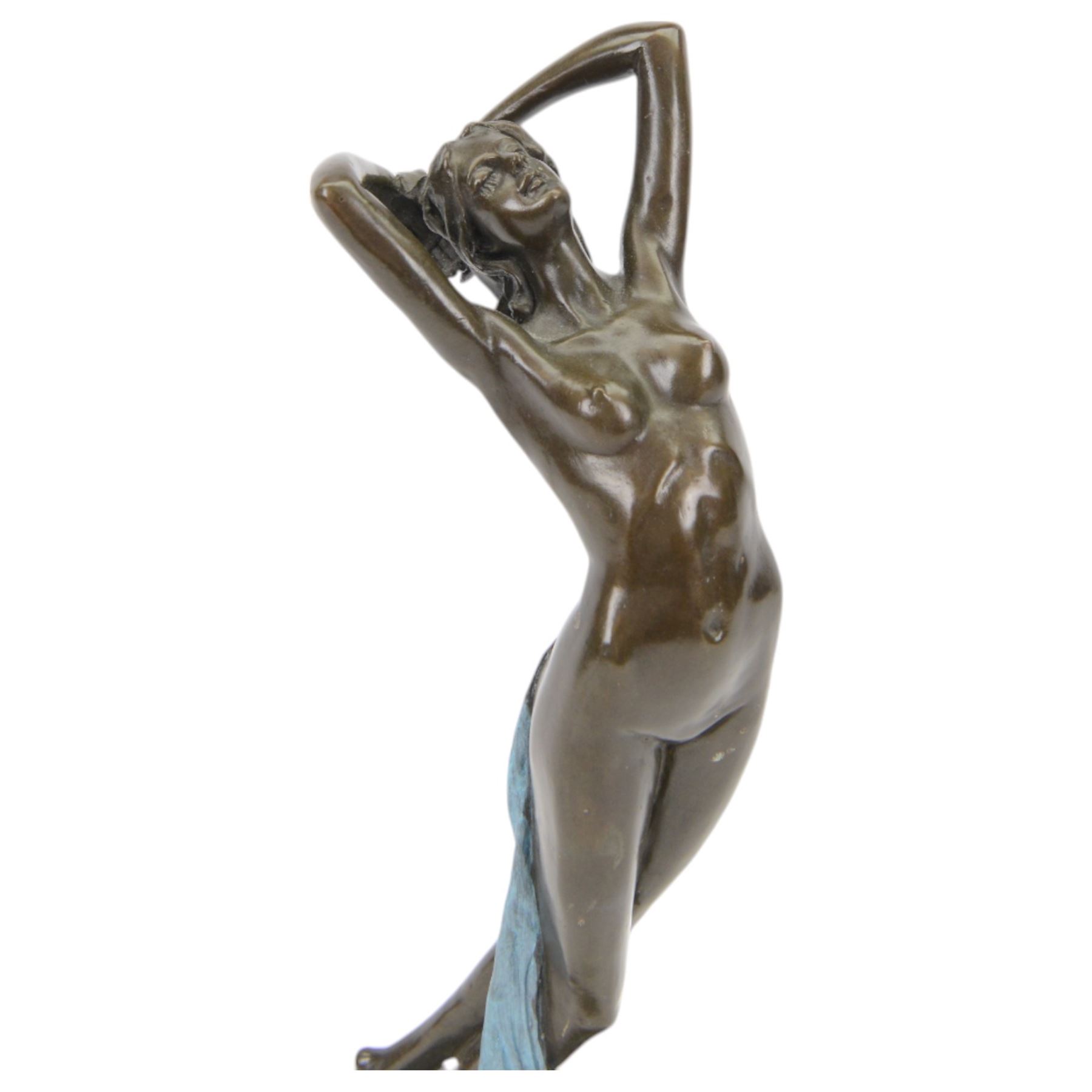 After Joseph Pollet, bronze figure of a nude woman, upon an oval black marble effect plinth, H47cm