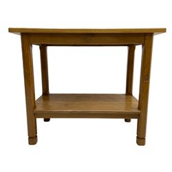 Acornman - oak side table, rectangular adzed top on chamfered supports joined by adzed under tier, carved with acorn signature, by Alan Grainger, Brandsby, York