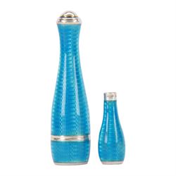 1920's Art Deco silver and enamel cheroot holder and case, the light blue engine turned enamel case of bottle form, with screw thread cover opening to reveal conforming cigarette holder, hallmarked H C Freeman Ltd, London import 1926, and also marked 925, case L6.5cm