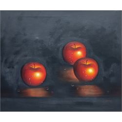 K Mason (20th century): Still Life of Three Apples, oil on canvas signed 50cm x 60cm 