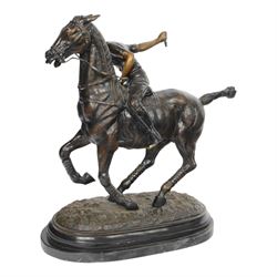 20th century spelter figure of a mounted polo player, upon a marble base, H60cm