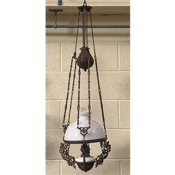 French Art Nouveau hanging oil lamp / chandelier, 19th century, the white ceramic reservoir, brass burner, and opaline glass domed shade supported by floral cast rise and fall frame. H110cm - COLLECTION BY APPOINTMENT FROM: The White House, Thirsk Road, Easingwold, York, YO61 3NF - CALL 01723 507111 TO ARRANGE