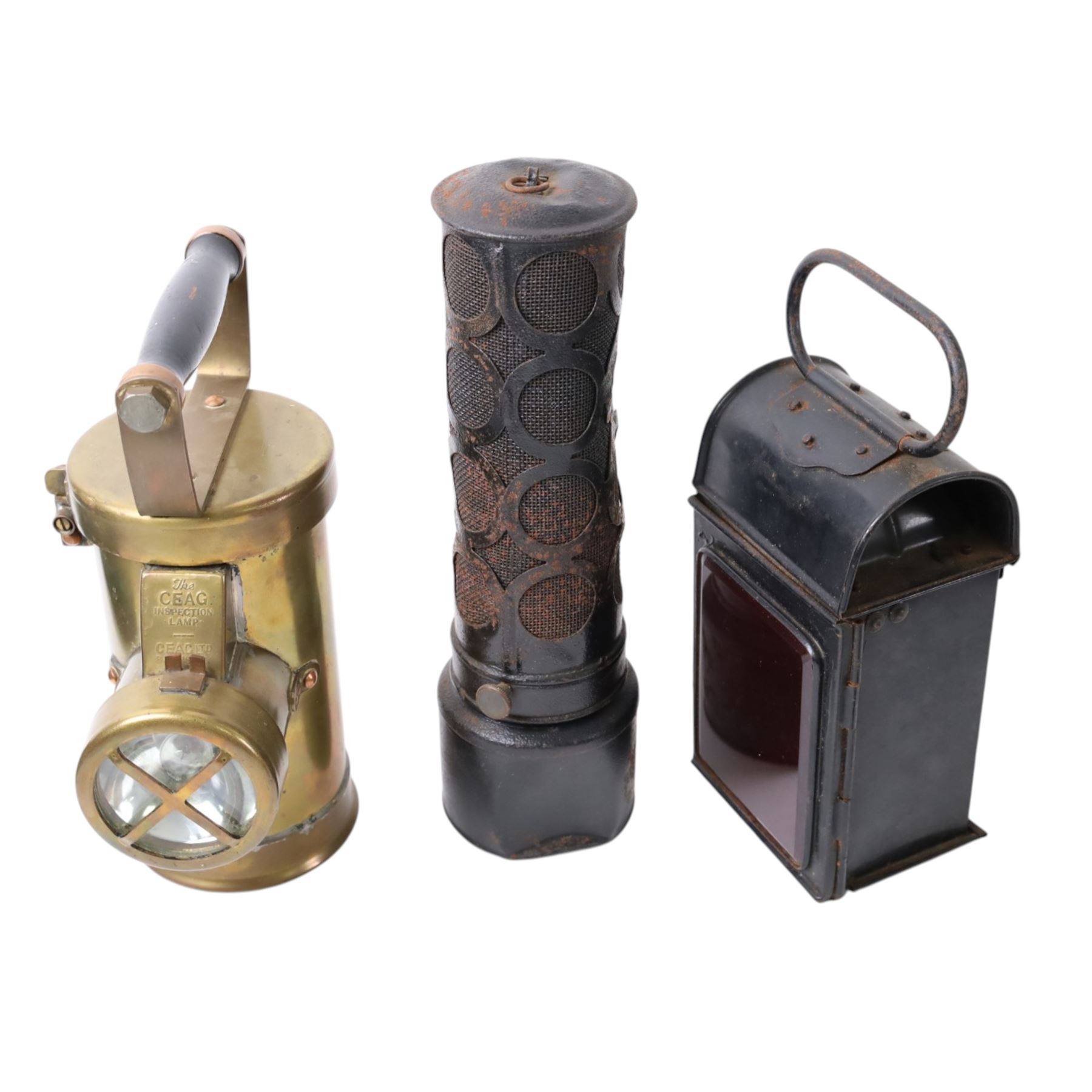 Inspection lamps and similar, including hanging brass engine inspection light, railway signal lollipop lamp, railway lantern, Sentinel paraffin heater, Ceag inspection lamp and a Crescent lamp