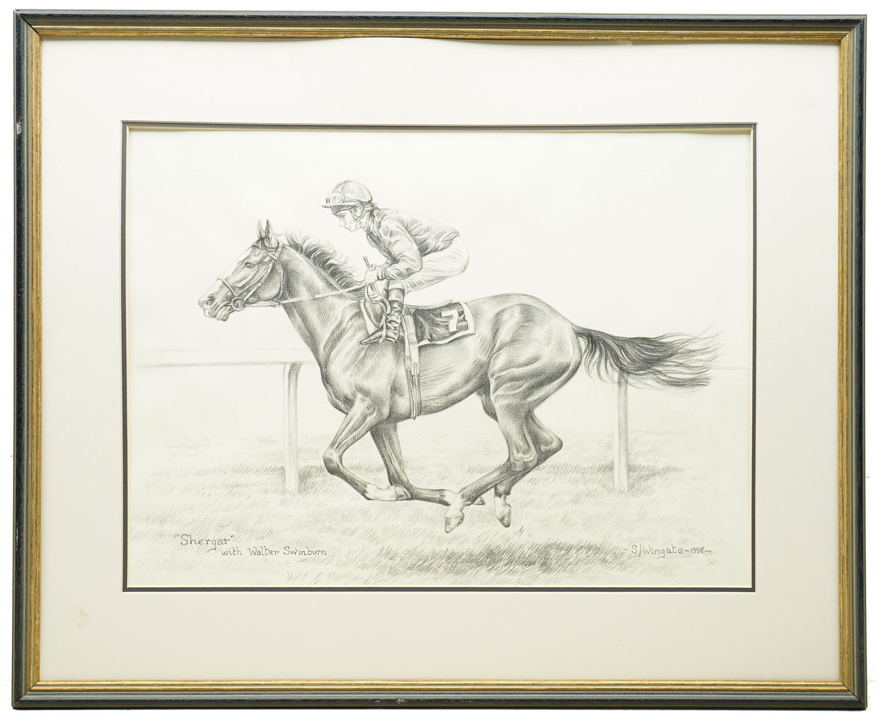 Sue Wingate (British 1947-2016): 'Shergar' with Walter Swinburn, pencil sketch signed titled and dated 1998, 37cm x 51cm; together with a print of 'Cigar' after Fred Stone, signed in pencil, 46cm x 44cm (2)