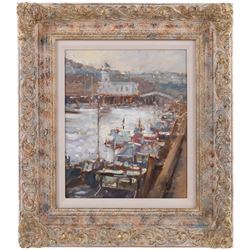 Michelle Saunders (British 1936-): 'Winter Light - Scarborough', oil on canvas board signed, titled verso 28.5cm x 23.5cm