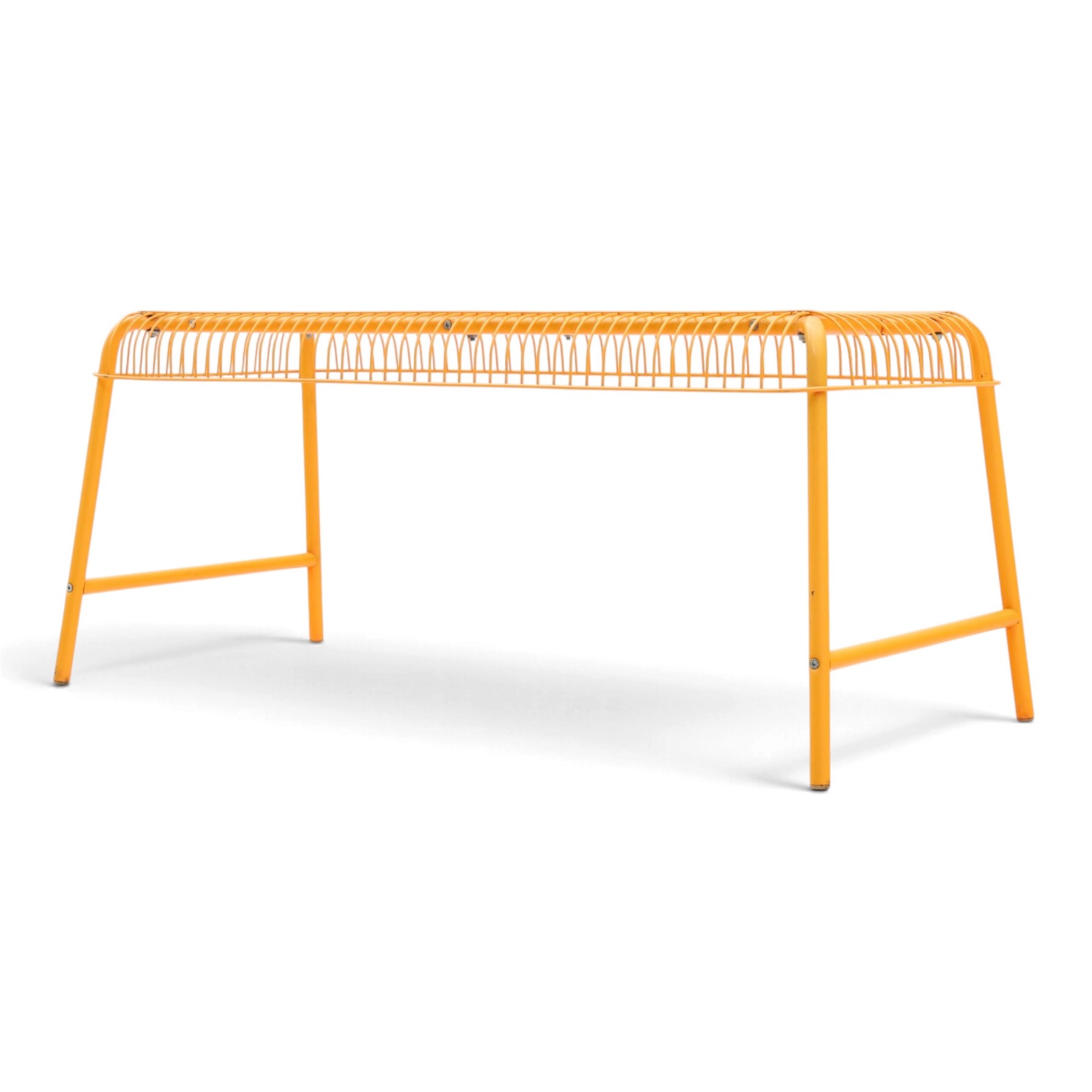 Ikea - 'Vasteron' 1990's orange metal bench, wireframed seat with tubular metal supports 