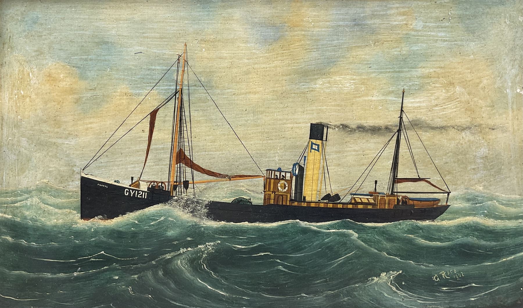 George Race (British 1877-1959): Grimsby Trawler 'Pharos' at Sea, oil on board signed and dated 1902, 27cm x 44cm