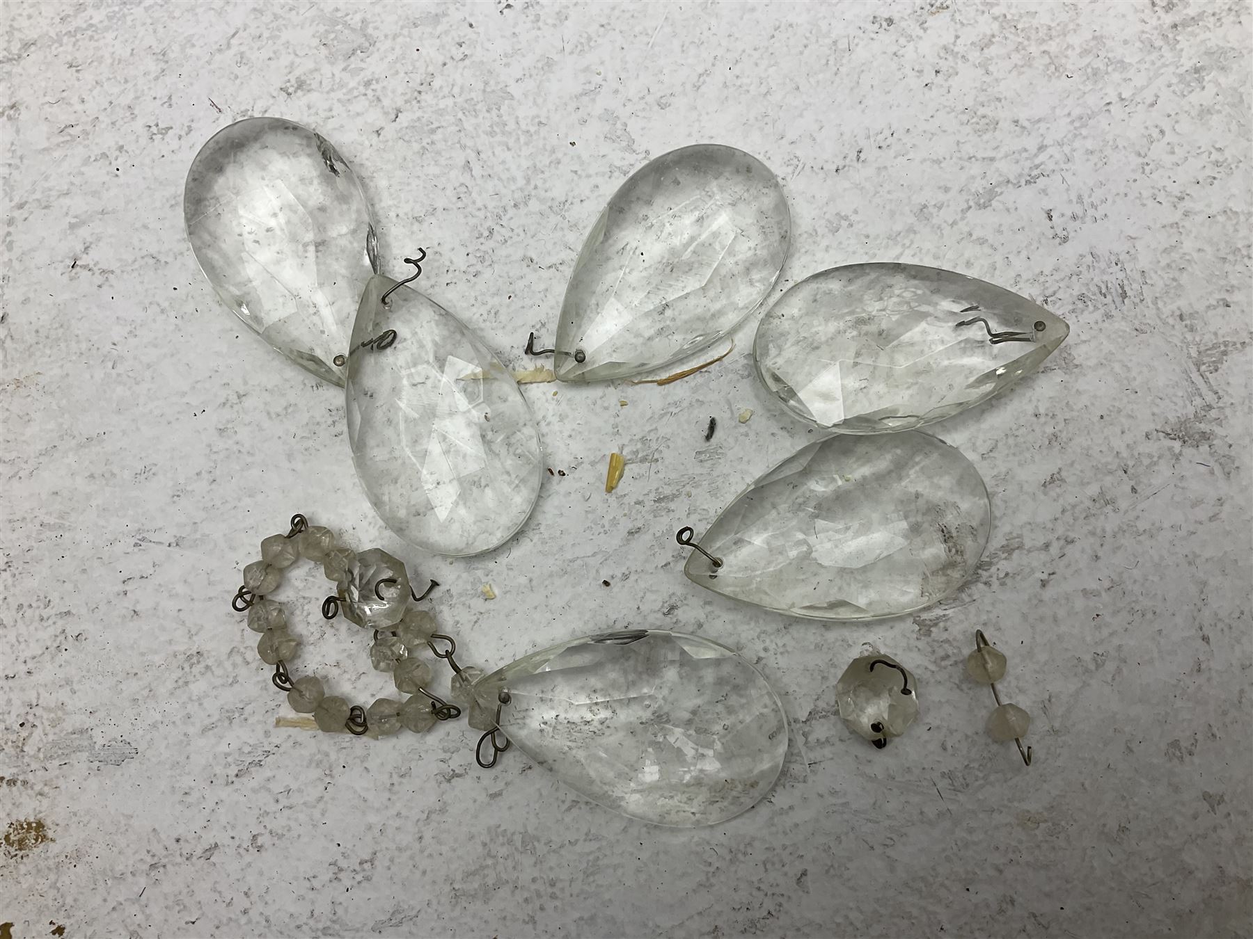 Victorian style glass eight branch chandelier, with drip trays, brass tone support, and drops