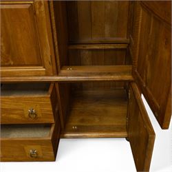Barker & Stonehouse - contemporary flagstone and mango wood triple wardrobe and bedside cabinet, triple wardrobe with double doors revealing a full length wooden hanging rail, flanked by a cupboard with shelved interior, raised on a base with cupboard and drawers, turned bun feet