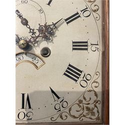 John Sculcoates Branson of Hull - Oak cased 8-day longcase clock c1790, with an inlaid perogda pediment and three ball and spire finials, breakarch hood door beneath flanked by reeded pilasters and brass capitals, long trunk with conforming door on a rectangular plinth raised on a base with bracket feet, early painted dial with raised gesso spandrels, swag cartouche and makers name to the arch, with pierced steel hands, Roman numerals,five minute arabics, seconds dial and calendar aperture, dial pinned via a false plate to a rack striking movement with a recoil anchor escapement. With weights, pendulum and key.