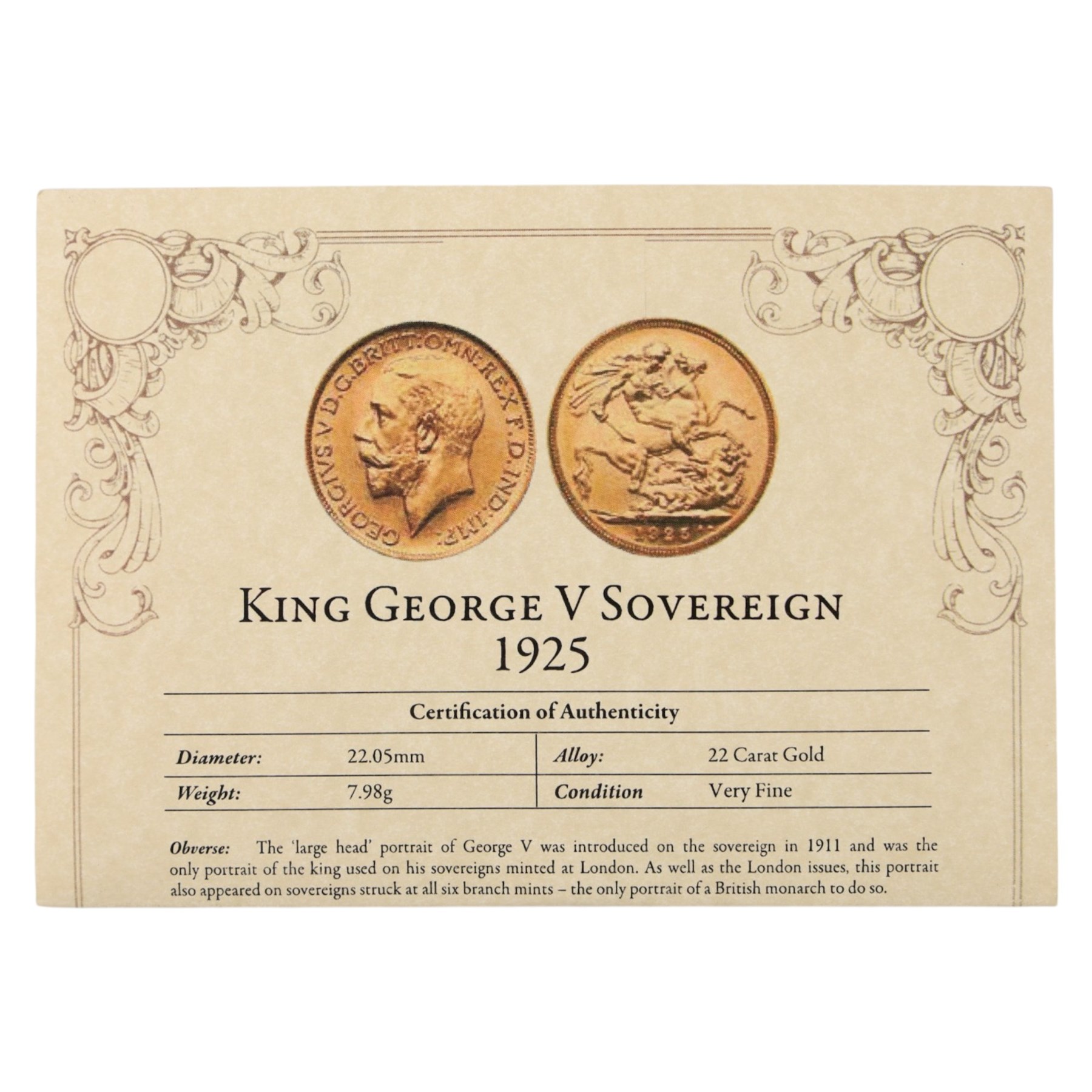 King George V 1925 gold full sovereign coin, in London Mint Office case