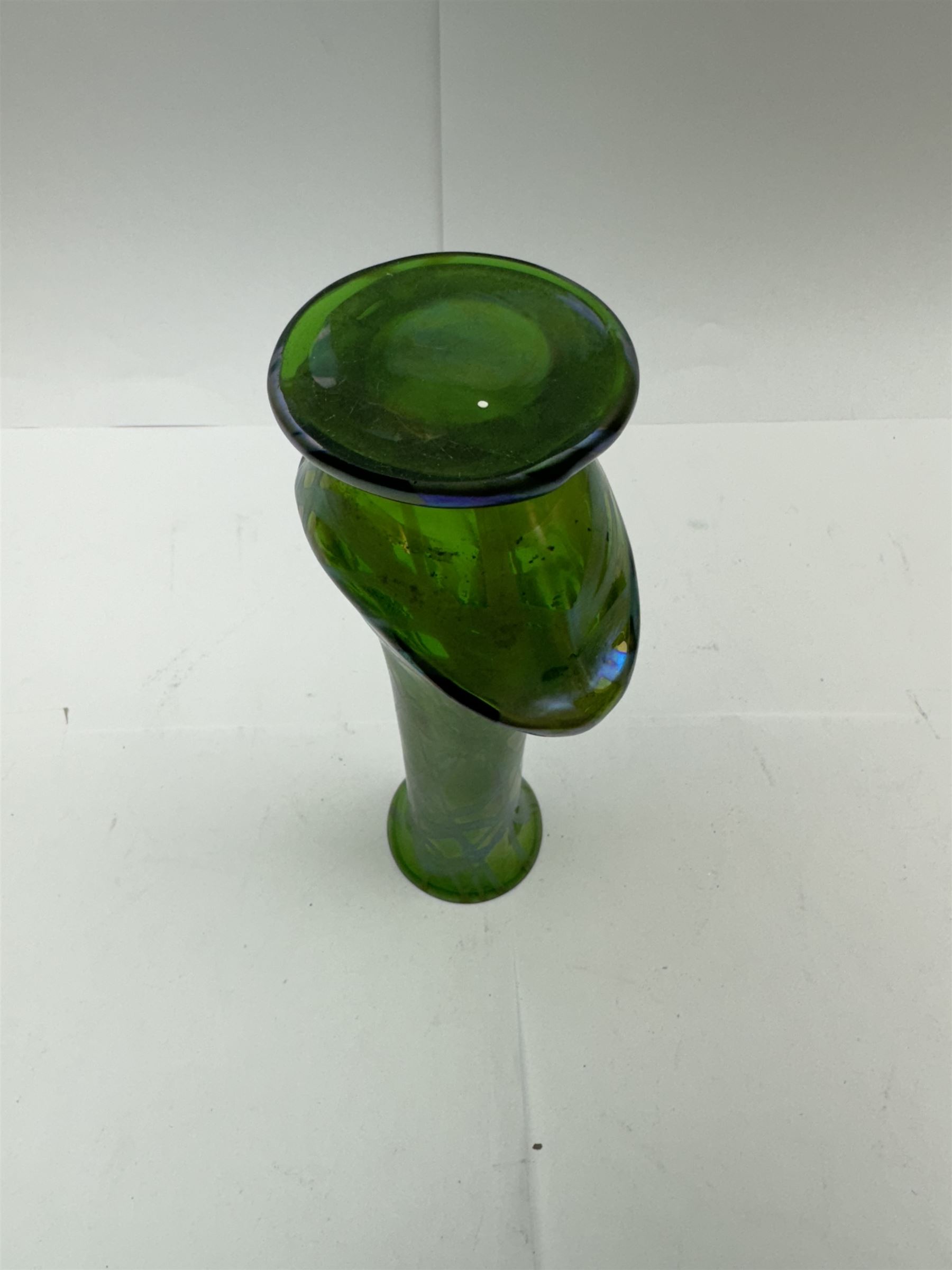 Three Austrian Art Nouveau green iridescent glass vases, to include two Pallme-Konig examples and a Kralik example, each with threaded vein decoration, tallest H25cm (3)