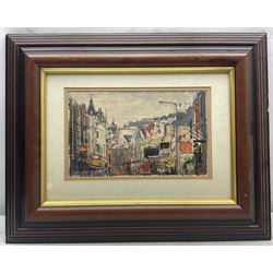 John Ross Hunt (Australian 1956-): Impressionist City Street Scene, oil on canvas board signed and dated '88, 16cm x 26cm