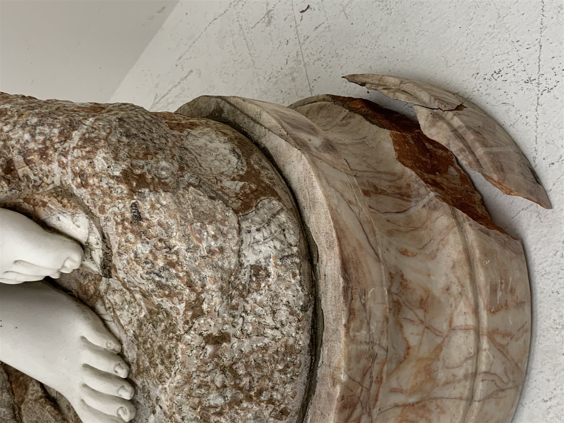 Victorian style rouge and white marble classical statue of woman dancing, on circular stepped moulded plinth base, H185cm
