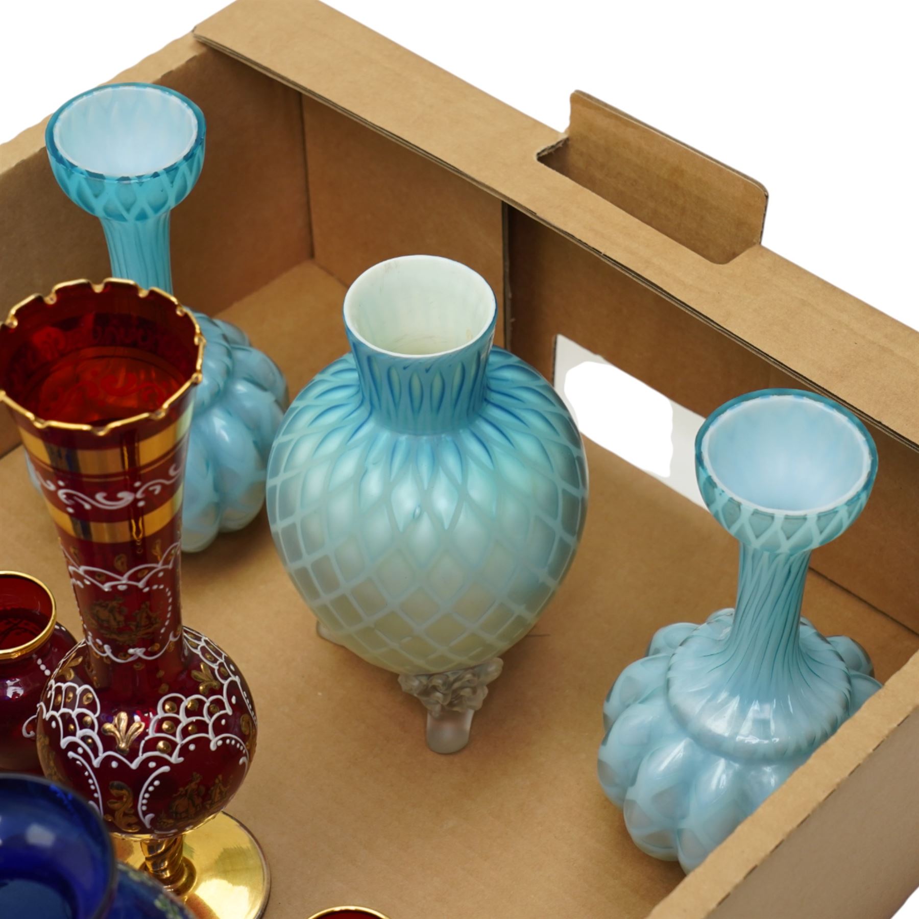Three Victorian satin glass vases, and various other coloured glass examples