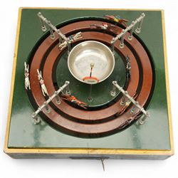 Marklin tin plate lever operated horse racing game with nine numbered horses slotted into tinplate track, wooden box with lift off lid 36cm square