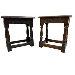 17th century design oak stool, moulded rectangular top over foliate carved frieze rails, on turned supports united by stretchers (44cm x 23cm, H45cm); together with a similar stool (43cm x 26cm, H46cm) 