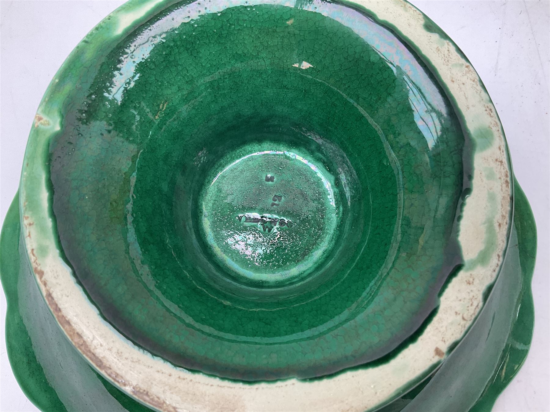 Wedgwood majolica comport, moulded with basket weave and foliage decoration, together with Imperial & Bonn and Sylvac jardinières, sylvac H18cm