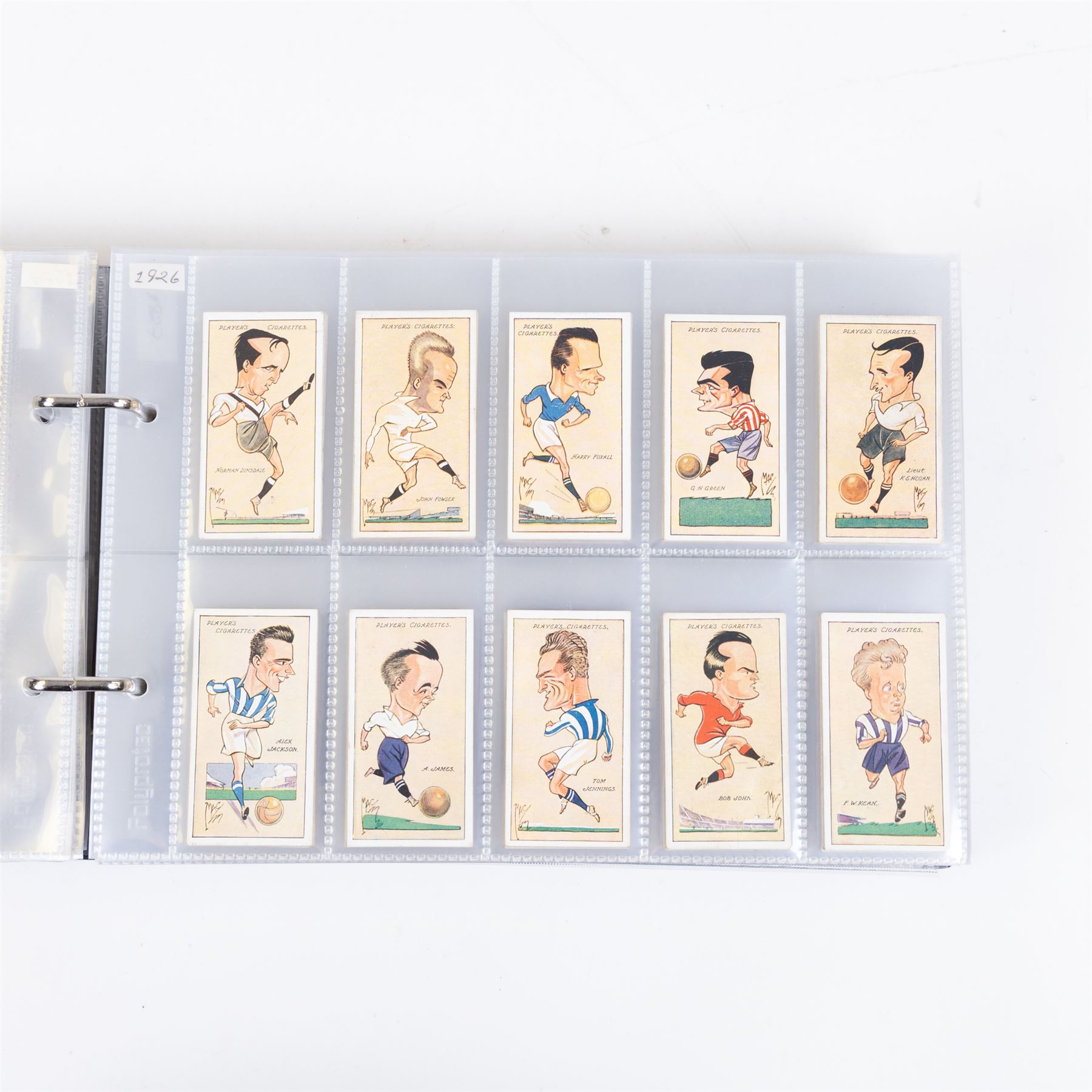 Collection of Edwardian and later Football related trading and cigarette cards, including forty-nine of fifty 1906 Ogden's Football Club Colours, 1922 PALS Footall series, ninety of one hundred 1925 Gallaher Famous Footballers, complete set of forty-four 1926 Ogden's Captains of Association Football Clubs and Colours, complete set of fifty 1927 Players Football Caricatures by MAC,  complete set of fifty 1927 Players Football Caricatures by RIP,  complete set of fifty 1930 Players Association Cup Winners, complete set of 50 1933 Ogdens AFC Nicknames etc, housed in brown cigarette card album