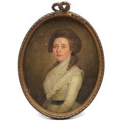 English School (late 18th/early 19th century): Two Portraits of Georgian Young Ladies, pair of oils on canvas laid on to board unsigned, in matching oval frames 24cm x 19cm (2)