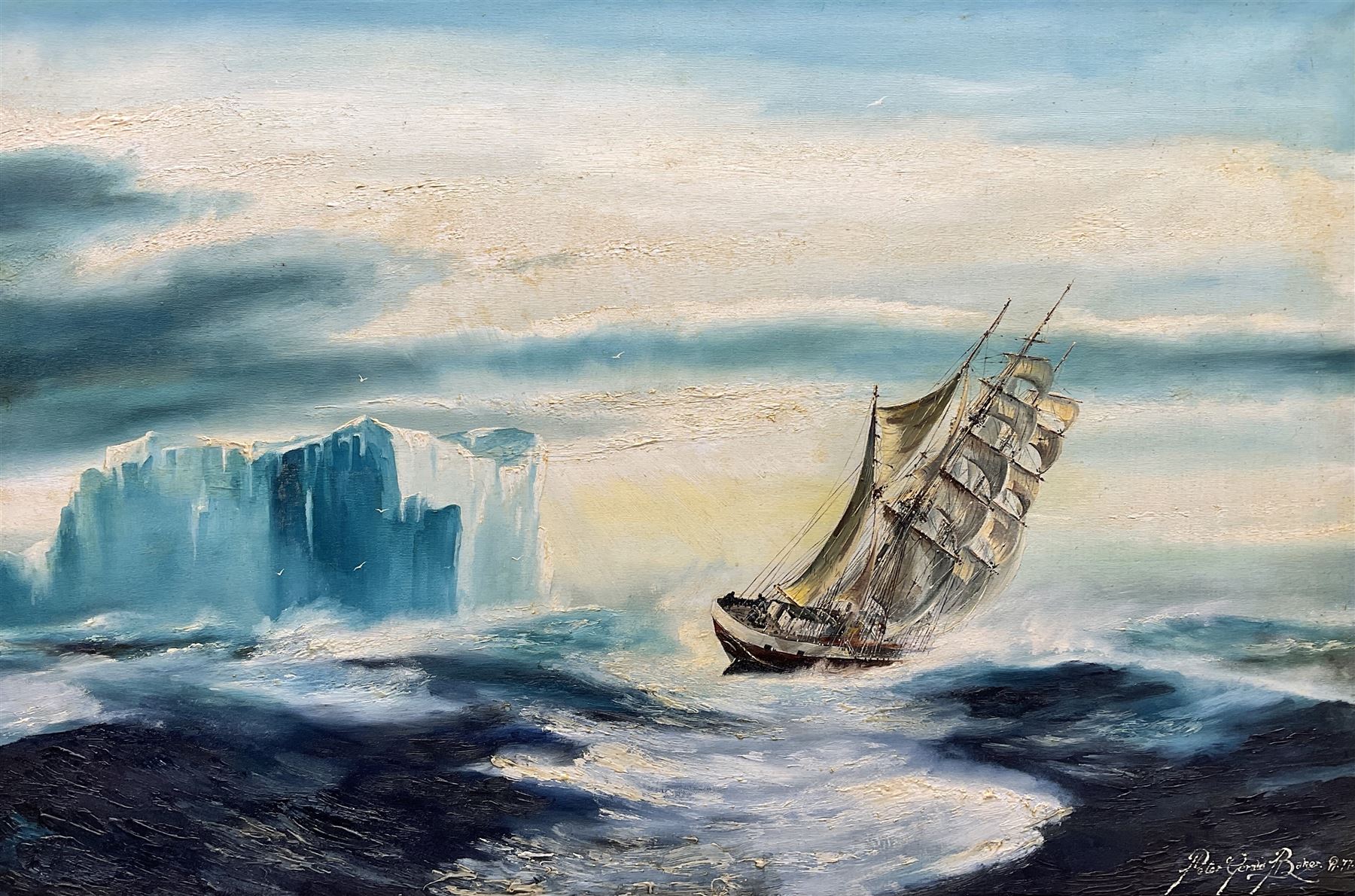 Peter Gerald Baker (British 20th century): 'Dangerous Waters' Ship Nears Iceberg near Cape Horn, oil on canvas signed and dated '77, labelled verso 60cm x 90cm