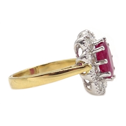  18ct gold oval ruby and round brilliant cut diamond cluster ring, ruby 2.50 carat, total diamond weight 1.50 carat   