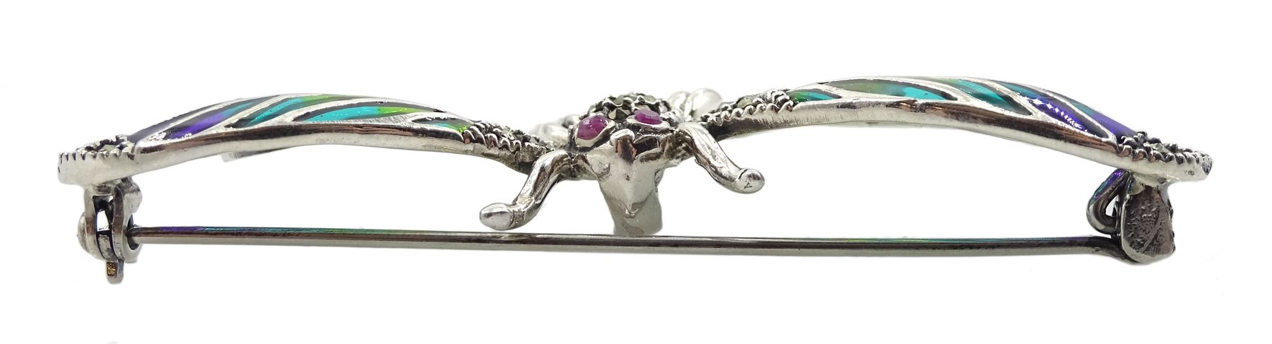Silver plique-a-jour marcasite insect brooch