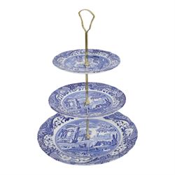 Spode Italian pattern tea and coffer service for eight place settings, comprising teapot, coffee pot, milk jug, cream jug, open sucrier, sandwich plate, cake plate, cake stand, side plates, teacups and saucers, coffee cans and saucers