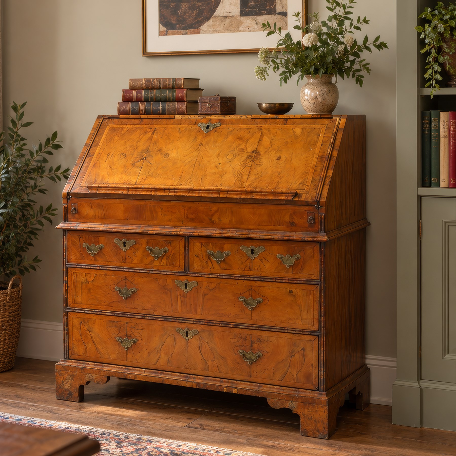 18th century figured walnut bureau, the sloped fall-front enclosing fitted interior with sliding base, pigeon-holes and correspondence drawers with shaped facias, over two short and two long feather-banded drawers with pressed brass handle plates, on bracket feet