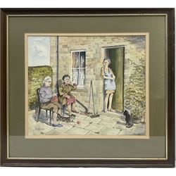 Doris Hindle (British 20th century): 'Backyard Gossips', watercolour signed;  Arthur Craven (British 20th century): 'Ravenscar Cumbria', watercolour signed, labelled verso; R BlakeHarper (British 20th century): 'Farm on Baitings Road Toward Rishworth', watercolour signed and dated 2006 max 34cm x 40cm (3)