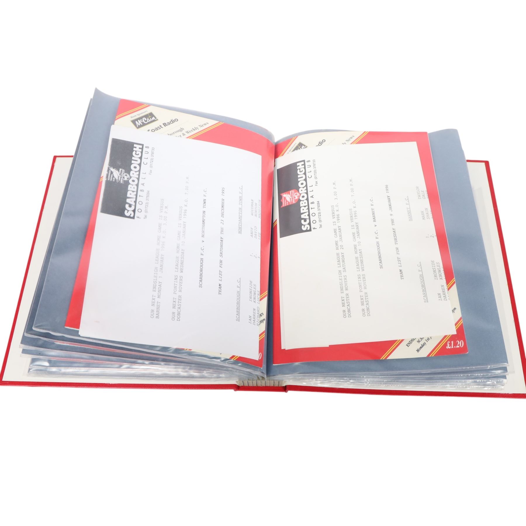 Comprehensive collection of approximately one-hundred and seventy Scarborough FC football programmes for the 1993/94, 1994/95 and 1995/96 seasons, all filed within six dedicated Scarborough FC red Home and Away binders