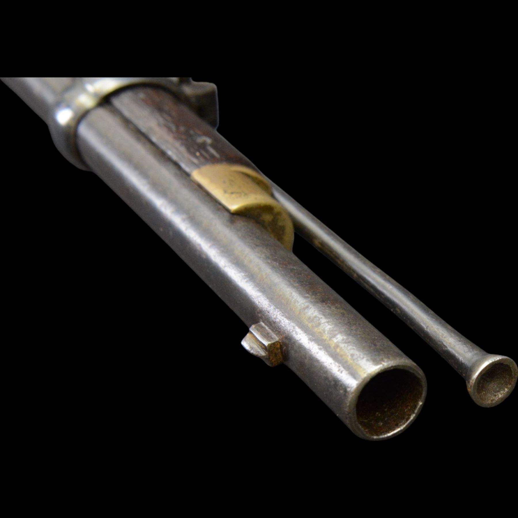 19th century Enfield percussion rifle, the 99cm barrel with three barrel bands, fore sight and rear sight, ramrod under, full walnut stock with brass butt, carrying sling brackets, action marked '1855 Tower' with Victoria cypher, overall L138cm