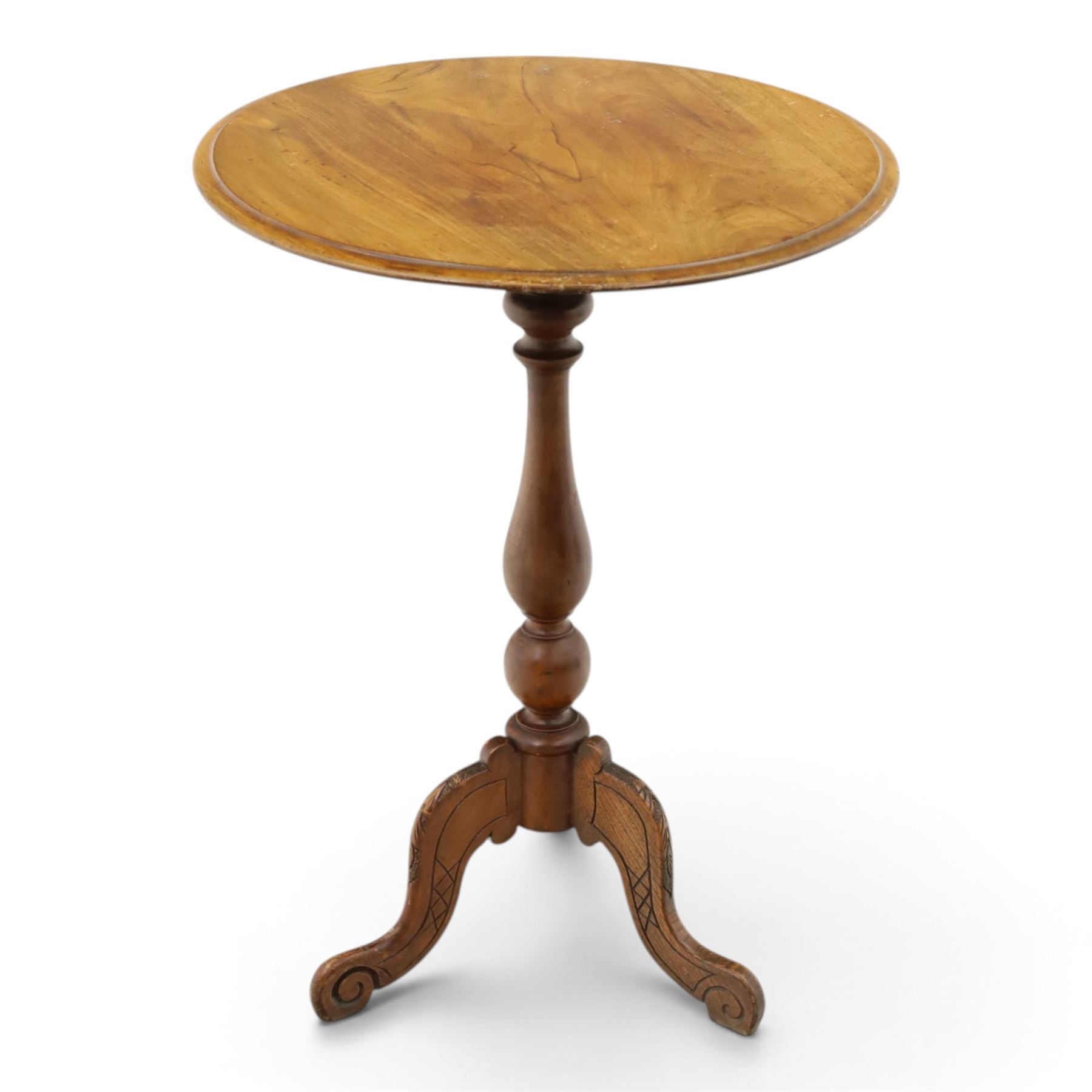 Victorian walnut pedestal occasional table, circular top ,raised on turned column with scroll feet