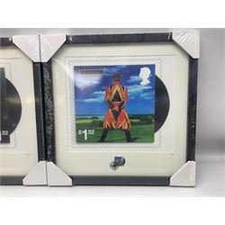 Set of three Royal Mail David Bowie limited edition album stamp prints, comprising Aladdin Sane, Blackstar and Earthling, all framed and in original packaging, H43cm W43cm