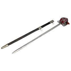 Reproduction Scottish basket hilted broadsword with 85cm double edged steel blade and red lined basket hilt with wire bound grip, in white metal mounted leather scabbard 107cm overall